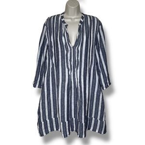 CP Shades Regina 100% Linen Pintuck Tunic Dress Chambray Stripe Women Medium